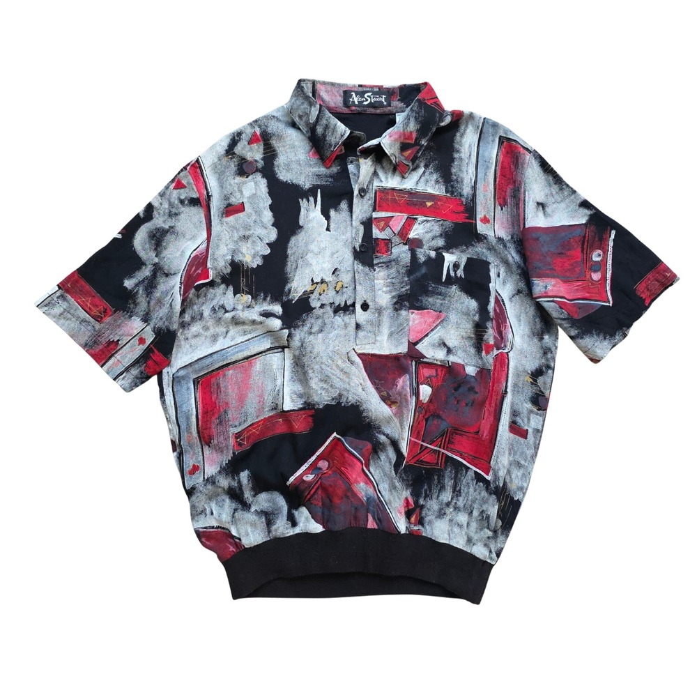 Vintage 90s Alan Stuart Shirt Size L Black Red Retro Funky Geometric Abstract